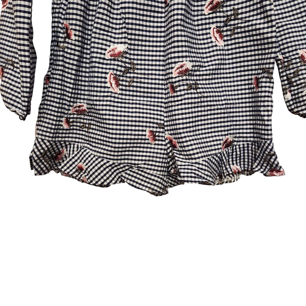 The Edit by Seventeen Navy White Gingham Floral Embroidered Romper Size Medium - Picture 4 of 9